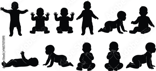 Baby silhouettes set in various poses and positions, vector illustration, infant development stages, crawling, sitting, standing, lying down, isolated design