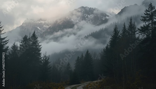 Fototapeta Naklejka Na Ścianę i Meble -  A misty mountain landscape with dense evergreen trees and low hanging clouds obscuring the peaks above