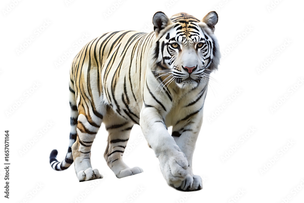 Obraz premium white tiger is walking on a rocky surface isolated on white background PNG,AI GENERATED