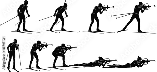 Biathlon athlete silhouettes in skiing and shooting positions, vector illustration, isolated winter sports icons, competitive game elements, professional race and marksmanship symbols