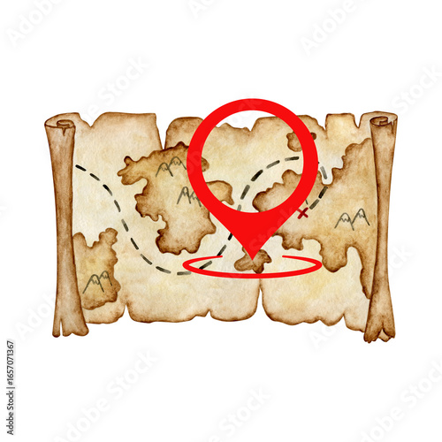 Treasure map with red marker isolated on transparent background