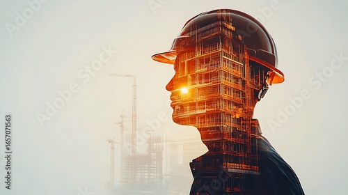 Double exposure of construction worker profile and building construction silhouette photo
