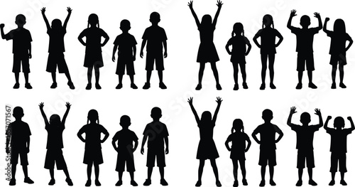 Silhouettes of children in various poses, standing and raising arms, playful kids illustration, vector design, isolated black figures, childhood activity and movement icons