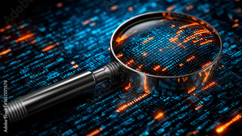 Magnifier over illuminated binary with orange hotspots, expressing anomaly detection, malware analysis, and digital forensics for incident response.
