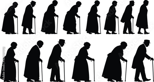 Elderly people silhouettes walking with canes, vector illustration, isolated design, senior citizen icons, aging and mobility elements, retirement and healthcare symbols