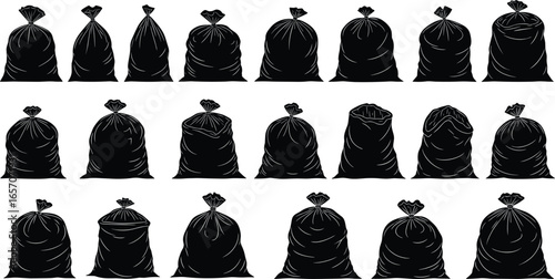 Black garbage bags set, tied trash sacks, waste disposal icons, vector illustration, isolated design, rubbish collection elements, plastic refuse bag silhouettes, sanitation equipment