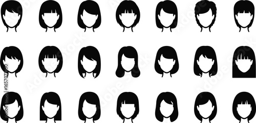 Hairstyle silhouette set with various haircuts and styles, vector illustration, isolated icons of short, medium, and long hair designs