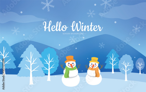 Winter landscape background image with snowmen and trees. Nature, Sky, Cloud, Season