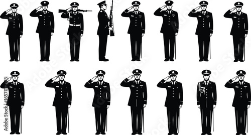 Military personnel silhouettes in uniform performing salute, vector illustration, armed forces icons, soldier poses, ceremonial respect gesture, discipline and honor design