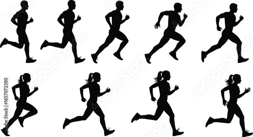 Running silhouettes set of male and female athletes in motion, vector illustration, sports icons, jogging and sprinting poses, fitness and training design