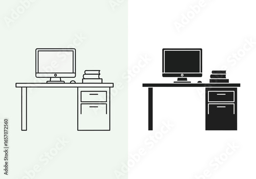 Illustration of a desk with a computer and books, , perfect for office, work, and businessrelated content