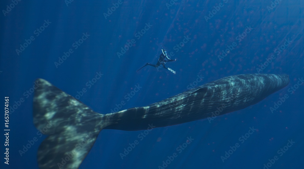 Naklejka premium Underwater shot of a freediver filming a giant sperm whale, massive marine mammal in natural habitat, stunning wildlife scene, powerful ocean life moment, beauty and freedom of nature captured