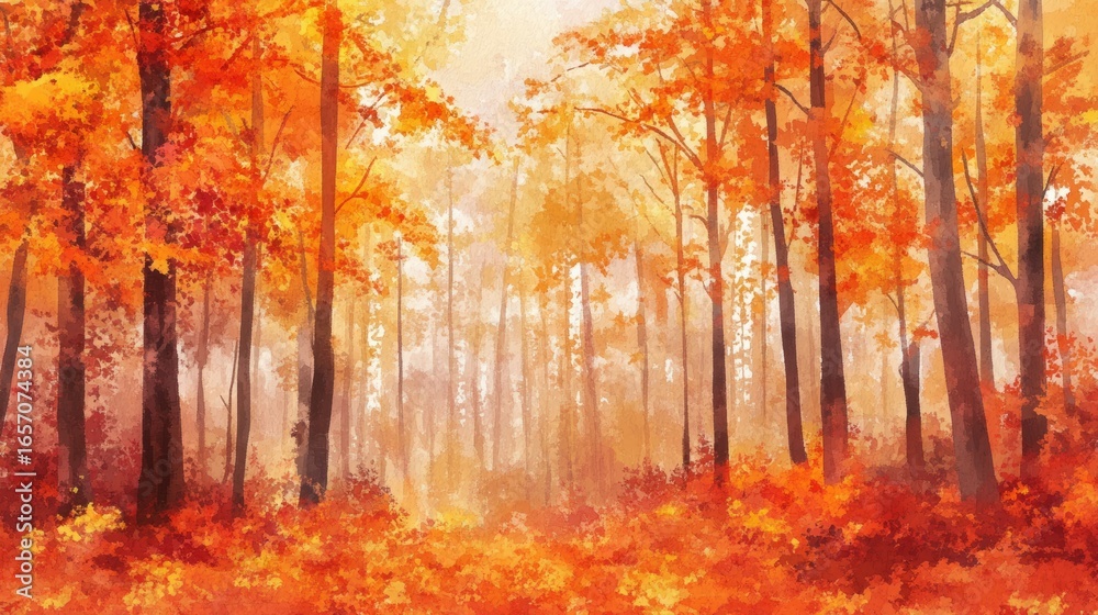 Fototapeta premium landscape with beautiful orange forest made with watercolor generative ai