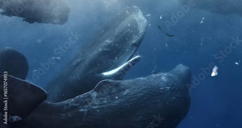 A remarkable display of sperm whales defecation socializing in a vertical stance with open mouths, showcasing intricate social dynamics of these majestic marine beings. unique sperm whale interaction
