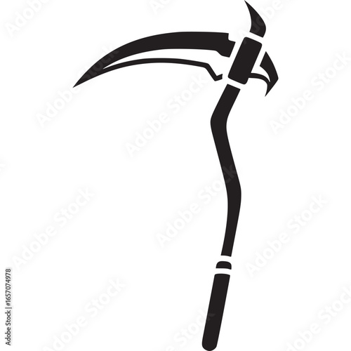 Simple scythe silhouette isolated on white background, a traditional tool used for harvesting crops and a symbol of death and the grim reaper