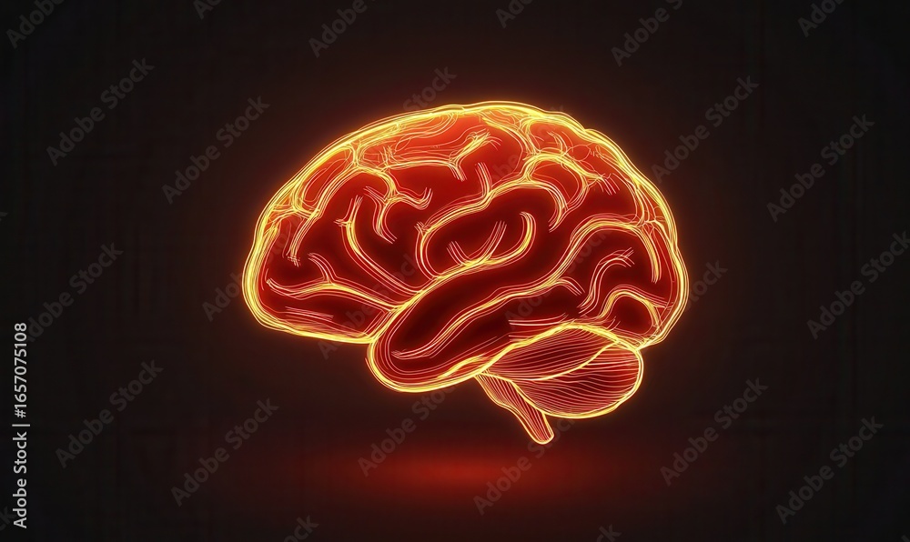 Fototapeta premium Glowing Cartoon Brain Icon Radiating on a Dark Background Creating a Stylized View