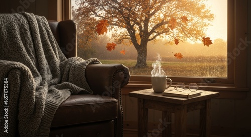 Cozy autumn reading chair next to window overlooking vibrant fall foliage and warm morning light creates perfect setting for relaxation and reflection during autumn season