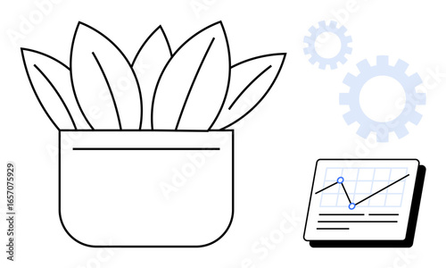 Potted plant with broad leaves paired with data chart and gears. Ideal for growth, strategy, innovation, progress, teamwork visualization, data analysis, and sustainable development. Minimal flat