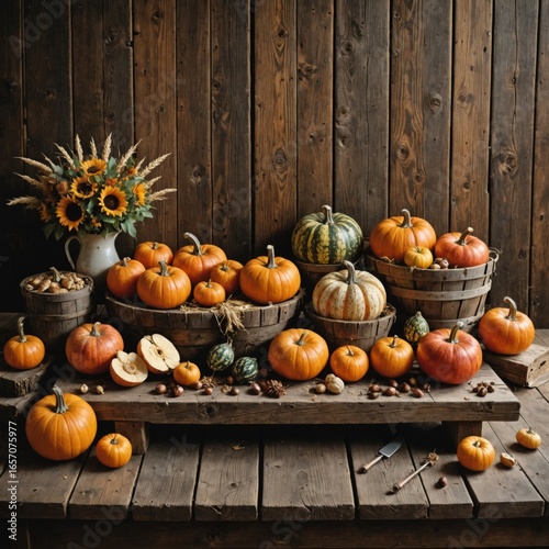 Farmhouse harvest still life showcases pumpkins, apples, sunflowers, and nuts arranged on wooden tables in a rustic setting capturing essence of autumn season