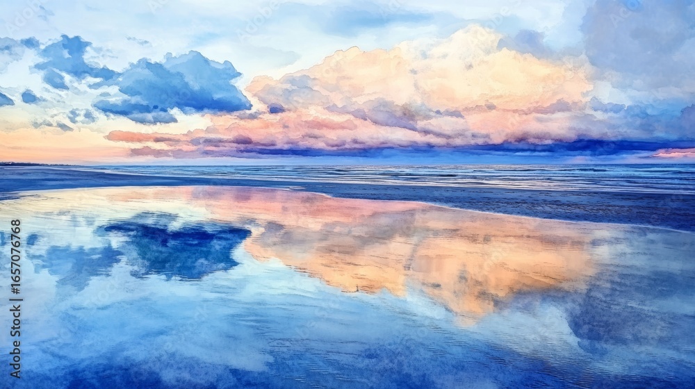 Fototapeta premium large, heavy clouds over a beautiful beach, made with watercolor generative ai