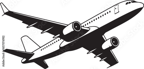 Minimalist airplane vector in black and white perfect for airline branding, travel brochures, flight booking platforms, aviation logos, and transportation-related web design projects