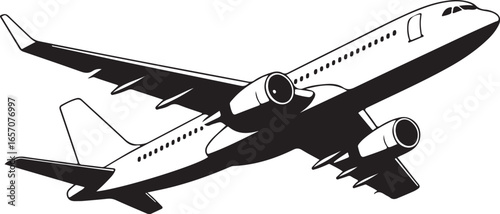 Minimalist airplane vector in black and white perfect for airline branding, travel brochures, flight booking platforms, aviation logos, and transportation-related web design projects