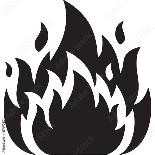 Illustration of a black fire isolated on white background, representing heat, energy, and danger in a simple and graphic design