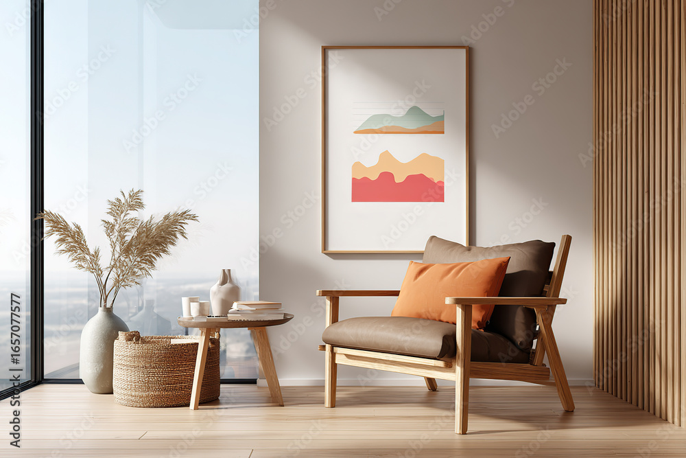 Fototapeta premium Cozy corner with modern decor and artistic landscape in contemporary living space