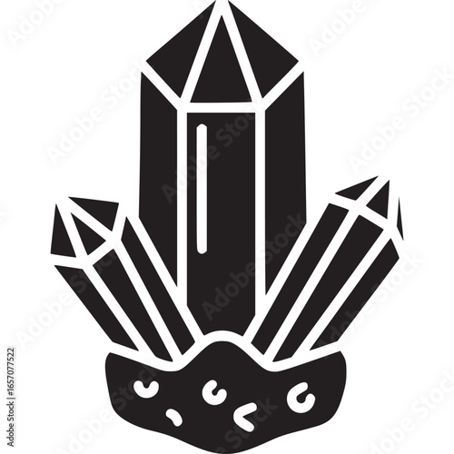 Black crystal illustration isolated on white background, representing precious gems, spiritual energy, and mystic healing in a geometric design