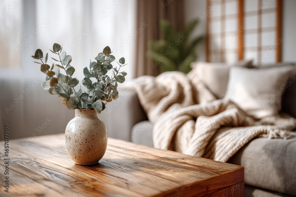 Fototapeta premium A cozy living room scene with eucalyptus in a ceramic vase on a wooden table.