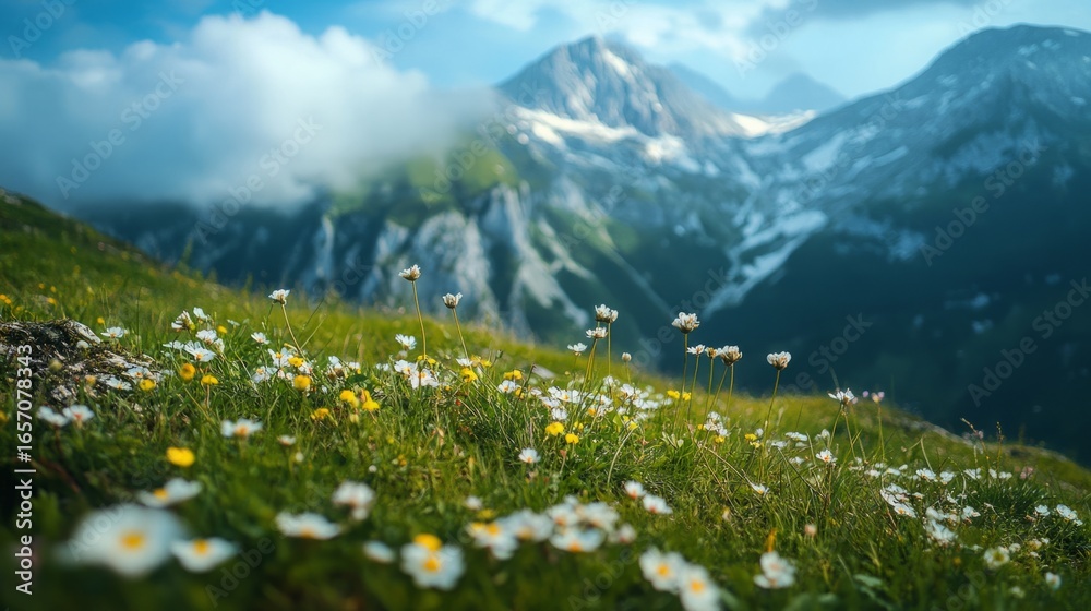 Fototapeta premium wildflowers among the beautiful and large mountains generative ai