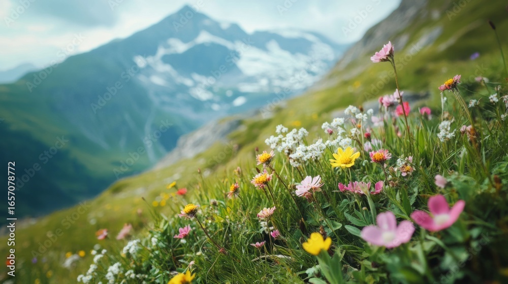Obraz premium wildflowers among the beautiful and large mountains generative ai