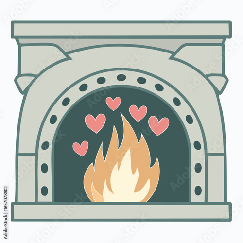 Smoldering hearth of passion with heart-shaped flames in open charcoal furnace framed by scalloped perforated bronze square for greeting cards