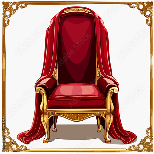 Cozy warmth velvet cloak draped over armchair framed by scalloped perforated antique gold rectangle for comforting greeting cards