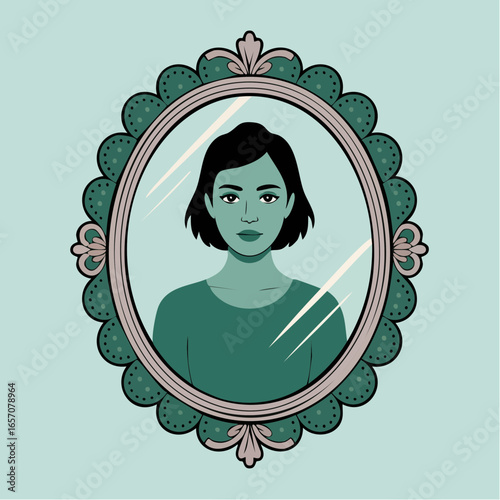 Emerald vine-framed mirror of envy reflecting green-tinted silhouette framed by scalloped perforated emerald oval for evocative stock