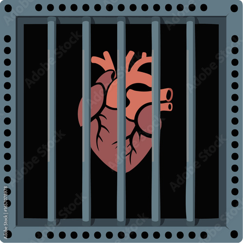 Trembling maroon heart trapped behind steel bars framed by scalloped perforated steel gray square for dramatic stock art