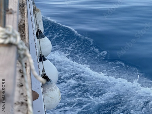 White boat fenders hanging on a rope along the side of a yacht to protect the hull during docking. Marine equipment for safety and mooring