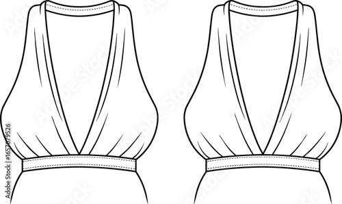 sleeveless v neck dress, fitted waistband, gathered bust detail, front and back views, garment flat, fashion cad drawing, clothing vector, apparel design, sewing template