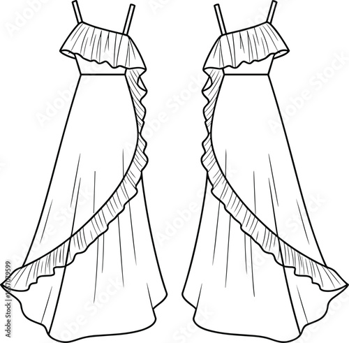 long flowy ruffled dress, thin shoulder straps, diagonal ruffle detail, asymmetrical design, pleated fabric, front view, fashion cad drawing, garment flat, clothing vector, apparel design