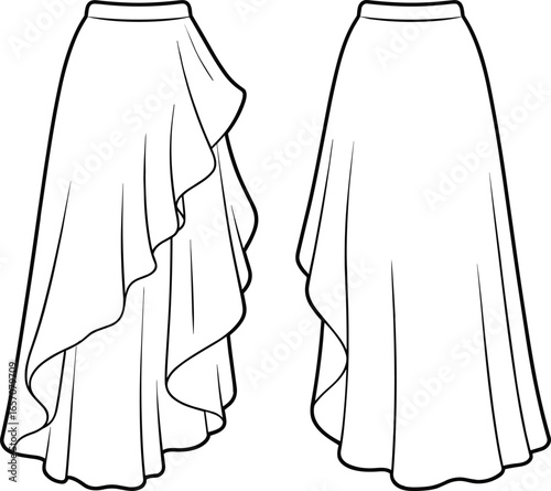 long layered skirt, asymmetrical ruffle design, flowing hemline skirt, ankle length fashion, garment flat, clothing vector, fashion cad drawing, apparel design, technical illustration, sewing template
