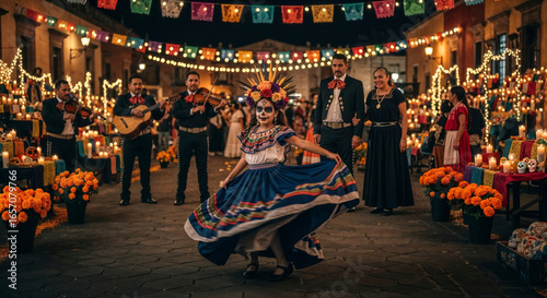 Young Mexican girl in a Catrina costume dancing in a plaza during Día de los Muertos celebration, with her parents watching and mariachis playing in the background at night