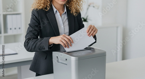 Businesswoman shredding confidential documents in an office setting, ensuring data privacy and security