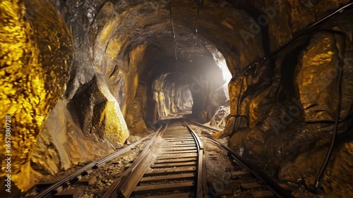 Dark underground gold mine tunnel with shining ore deposits gold mine tunnel underground dark shining