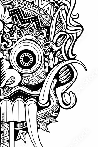 Intricate black and white illustration of a Balinese mask with elaborate details and patterns.