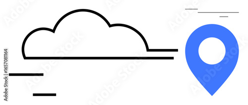 Blue location pin beside a black minimal cloud icon. Ideal for navigation, connectivity, cloud services, data storage, technology, location tracking, and digital maps. Clean simple flat metaphor