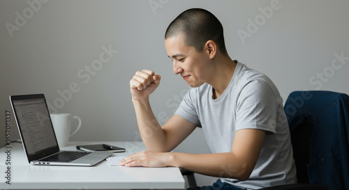 Young man celebrating success while working on his laptop, feeling accomplished and motivated