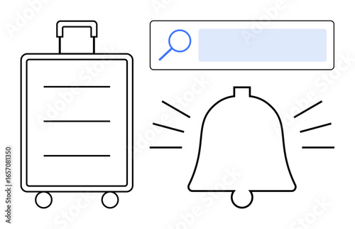 Travel suitcase with wheels accompanied by a search bar and a notification bell icon with alert lines. Ideal for travel, itinerary search, alerts, information, digital tools, reminders, simple