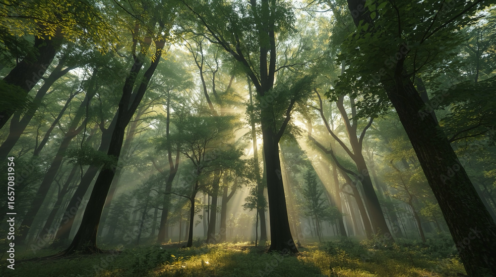 Naklejka premium Mystical Sunlight Shining Through the Canopy of a Verdant Forest Landscape