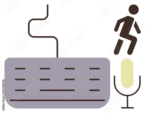 Man stepping onto a large keyboard alongside a microphone, symbolizing digital communication, creativity, innovation, podcasts, content creation, technology, virtual tools and abstract growth. Ideal