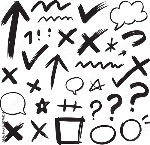 Vector doodle sketch elements  includes hand drawn arrows, checkmarks, punctuation marks, and speech bubbles, ideal for education materials, UX/UI design, infographics, and creative projects